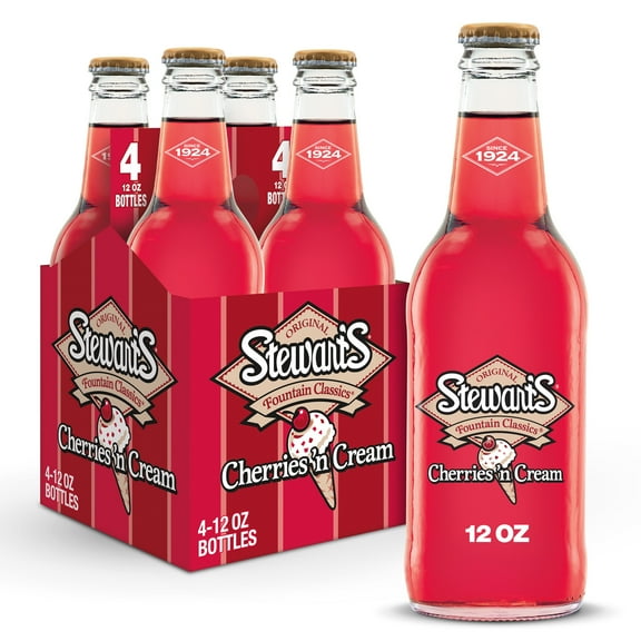 Stewart's Cherries 'n Cream Made with Sugar, 12 fl oz glass bottles, 4 pack