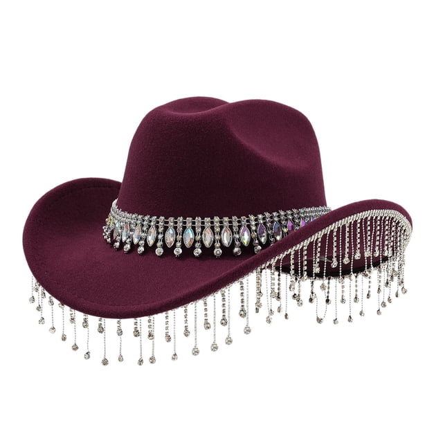 Aocisk Stylish Western Cowboy Hat For Women Men With Large Round Gemstone Rhinestone Fringe Decorations Ideal Party Event Accessory Wine One Size
