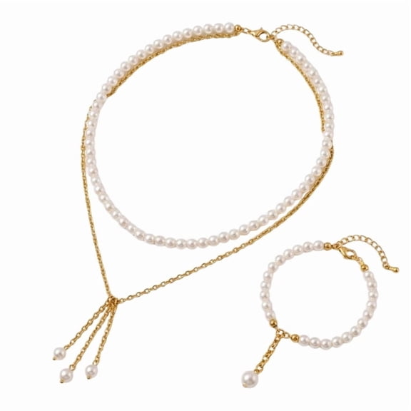 Pearl Layered Necklace with Bracelet Set for Women | Gold Chain Double Layer Choker Necklace with Pearl Bracelet | Elegant Fashion Jewelry Set for Party Wedding Daily Wear