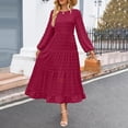 thumbnail image 6 of Quixlent Fall Winter Women Dress Long Lantern Sleeves A-line Round Neck Big Hem Dot Applique Pleated Solid Color Dating Commuting Midi Dress, 6 of 7