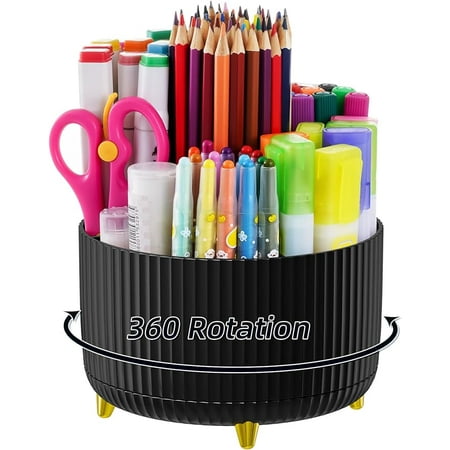 Marbrasse Desk Organizer, 360-Degree Rotating Pen Holder for Desk, Desk Organizers and Accessories with 5 Compartments Pencil Organizer, Art Supply Storage Box Caddy for Office, Home (Black)