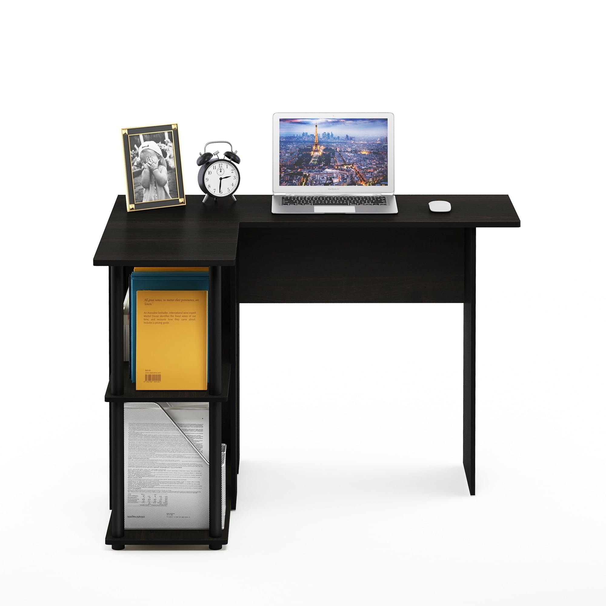 Furinno Abbott L-Shape Desk with Bookshelf, French Oak Grey/Black, 17092GYW/BK