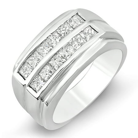 14k Mens Diamond Rings - 1.35 Carat (ctw) 14k White Gold Princess Diamond Mens Anniversary Wedding Band Ring