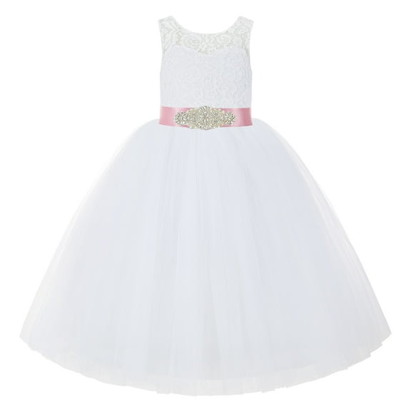Ekidsbridal Girl Wedding Flower Girl Dress - White Illusion Lace Tulle Tutu with Rhinestone Beaded Sash 212R3-A (Size: 2-10)