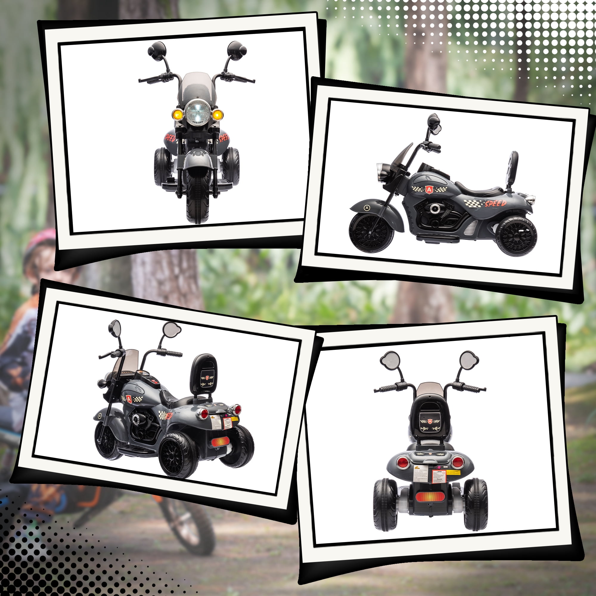 Qaba Electric Motorcycle for Kids, 3 Wheel 6V Battery Powered Motorbike w/ Headlights, Music, Forward & Reverse, Gray