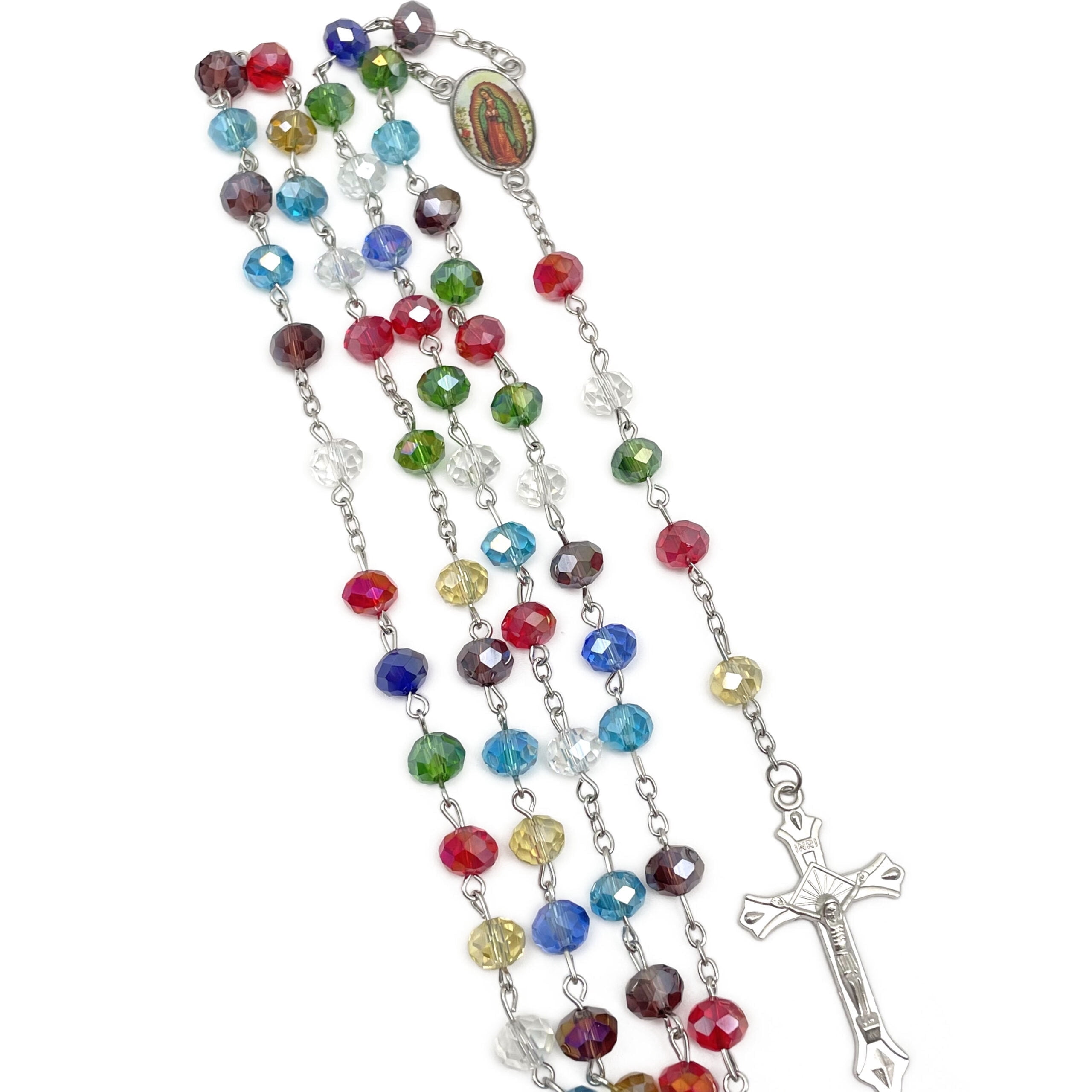 12 X Wholesale Bulk Lady of guadalupe Crystal Rosary necklace 18 inches drop down for Baptism , Wedding , Religious Favor /