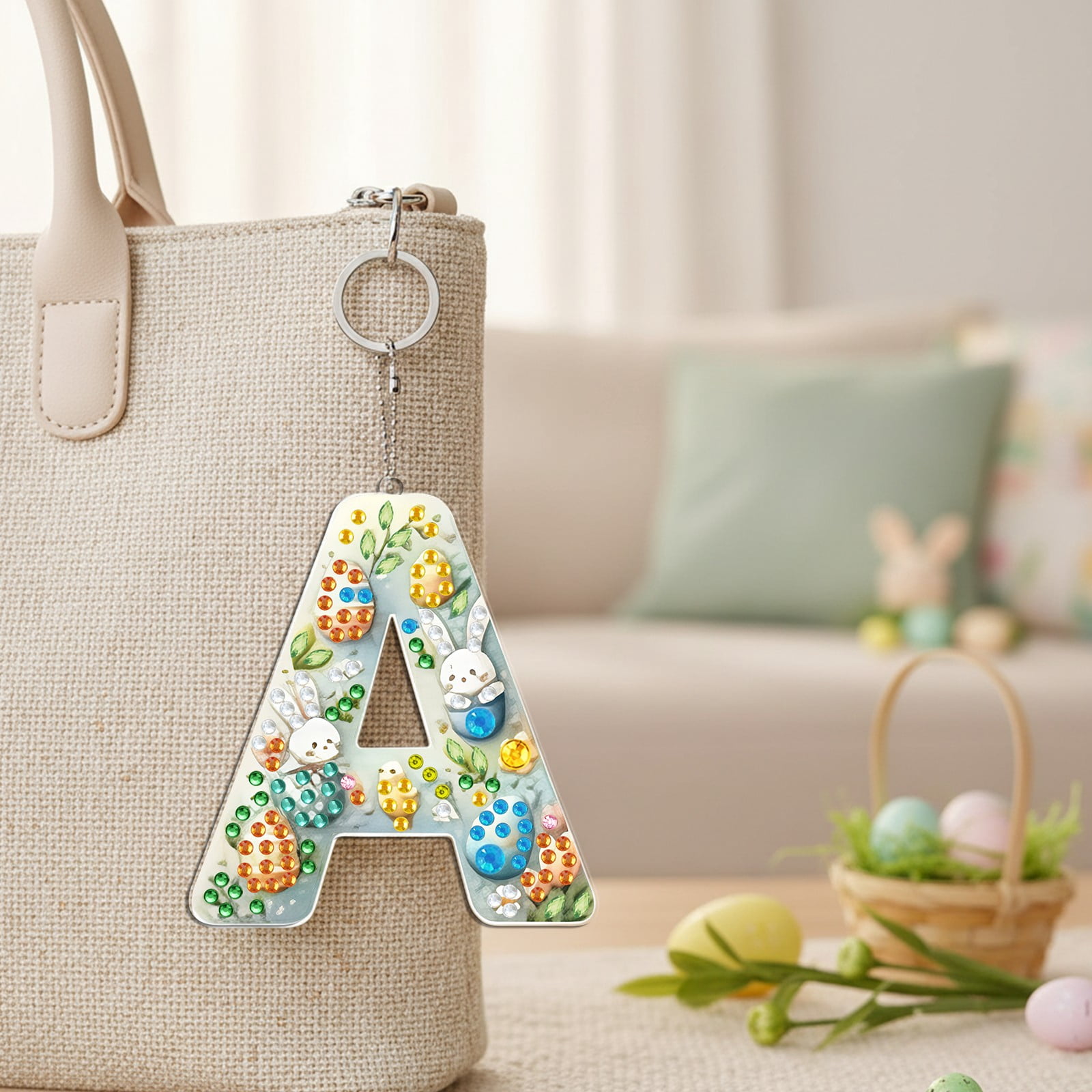 FLOPESN DIY Diamond Art Painting Easter Bunny Egg Letters Acrylic Keychain,Creative Design Double-Sided Diamond Craft For a gift to Friend Family-A