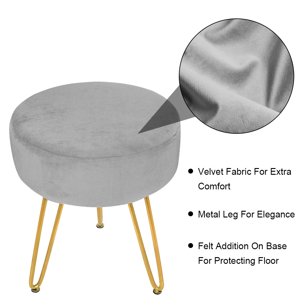 Velvet Footrest Footstool Ottoman Round Modern Upholstered Vanity Foot Stool Side Table Seat Dressing Chair with Golden Metal Leg Grey - image 4 of 10
