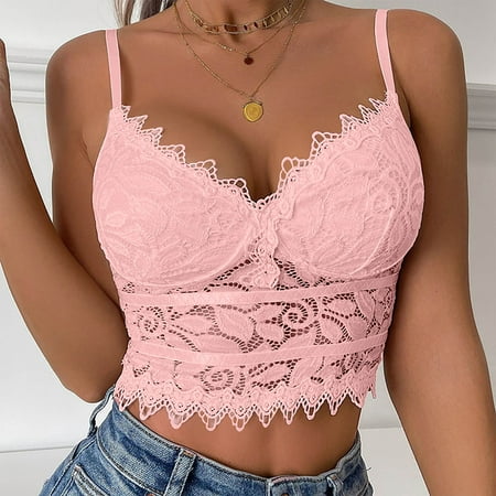 Brondbend Workout Tops for Women Crew Neck Sleeveless Solid Color Lace Split Delightful Tank Top Slip Spaghetti Strap Midriff-Baring Corset Lace Hem Mesh Tank Top Adjustable Womens Clothes Pink L