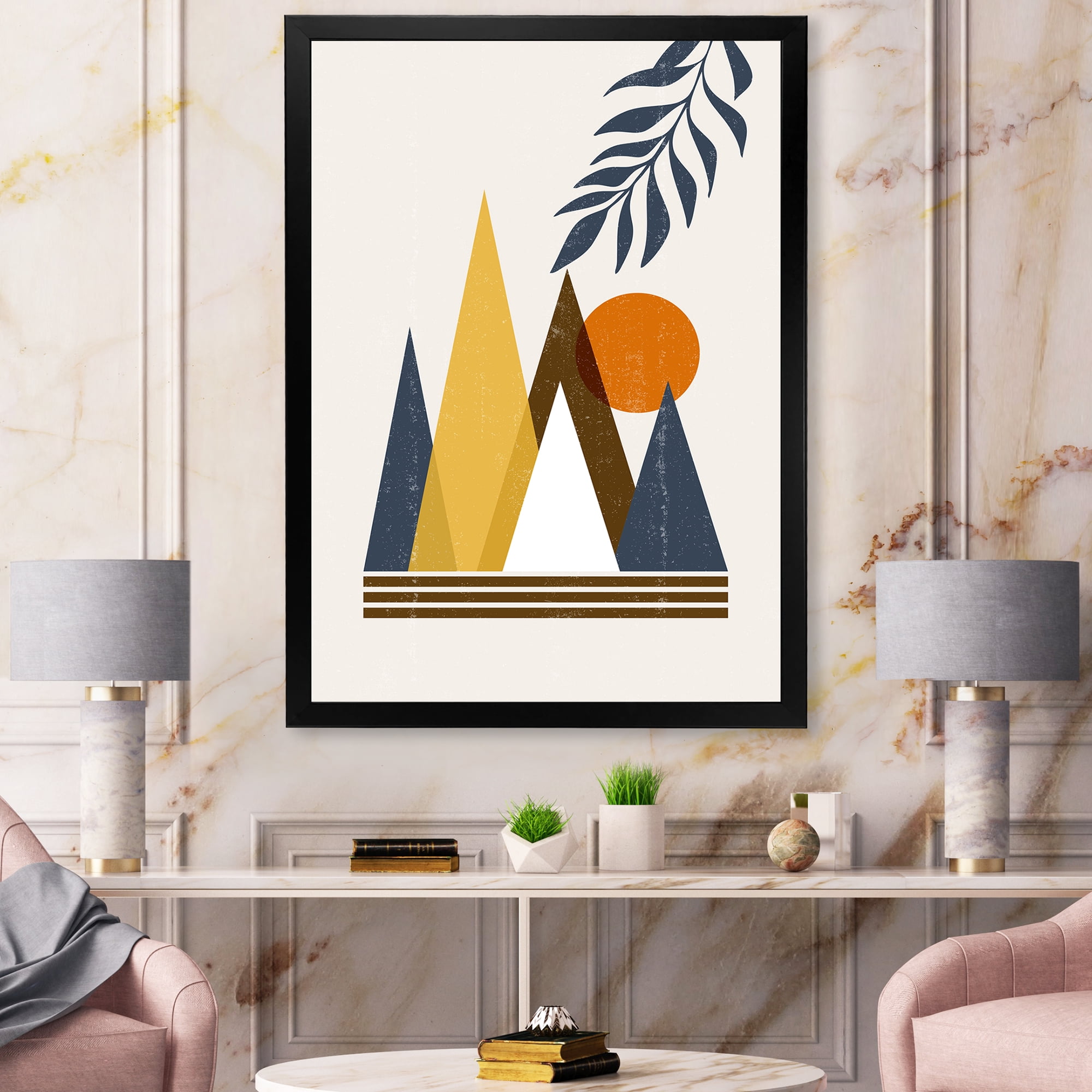 Designart 'Abstract Moon and Sun In Mountains I' Modern Framed Art Print