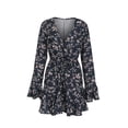 thumbnail image 2 of Women Boho Mini Dress Floral Printed Long Sleeve Deep V-Neck Loose Party Beach Short Dress, 2 of 8