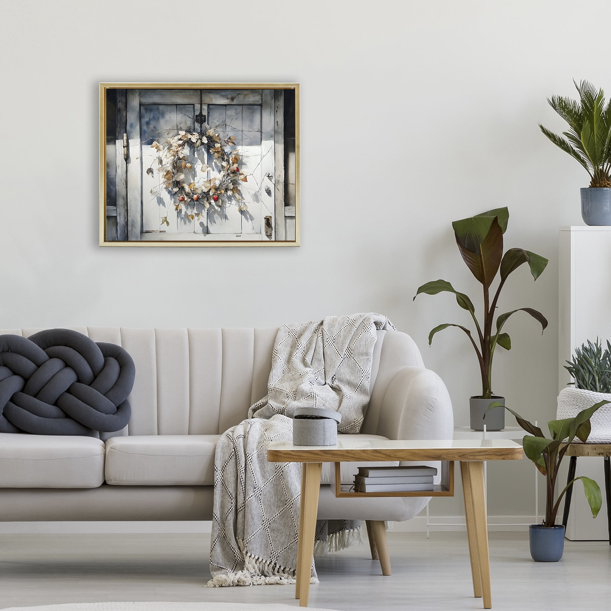Stupell Industries Rustic Wreath on White Door Gold Framed Floater Canvas Wall Art, design by Franklyn Gregory