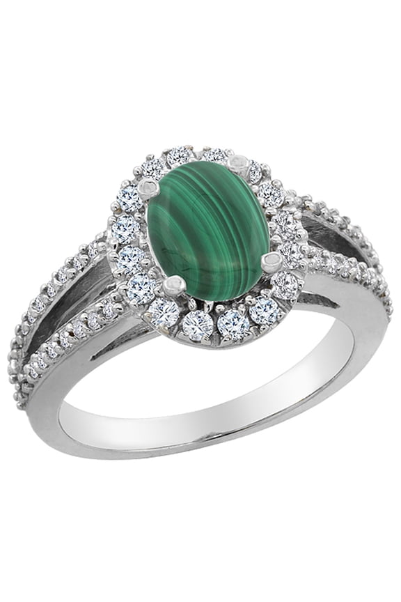 10K White Gold Natural Malachite Halo Ring Oval 8x6 mm with Diamond Accents, size 8.5