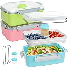 2 Pack Salad Lunch Box Food Storage Containers, 47oz Bento Box To Go Container with Lids, Meal Prep Containers with Removable Tray , Reusable and Microwavable Green and Pink