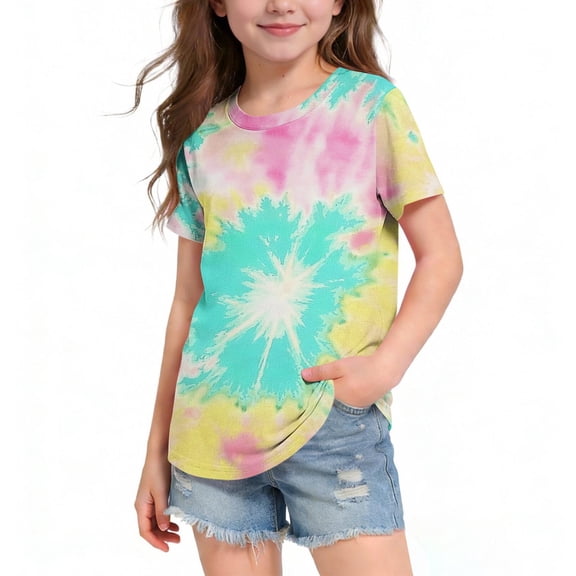 ITSAME Tie-Dye Print Shirts for Girls, Crewneck Short Sleeve Loose Fit Summer Leisure Fashion T-Shirts Yellow 7-8T