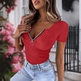 thumbnail image 7 of Fengqque Women's Knitted Rib T Shirt Half Zip V Neck Short Sleeve Casual Summer Slim Fit Top Red L(L), 7 of 7