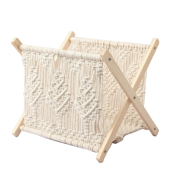 Revistero de macramé, revistero para periódicos, soporte para suelo, estante de madera tejido, cesta para libros para escritorio, guardería, oficina y