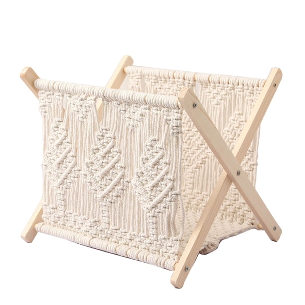 Revistero de macramé, cesta para libros, tejido, plegable, decorativo, rústico, revistero, decoración del hogar para baño y dormitorio