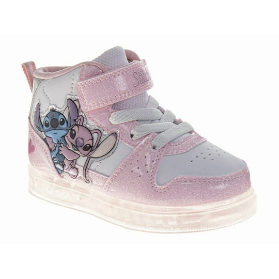 Disney Stitch High Top Sneakers Boys, Alien Design Casual Durable Canvas Lace Up Style Skate Look (Toddler Little Kid), Pink White, Size: 9