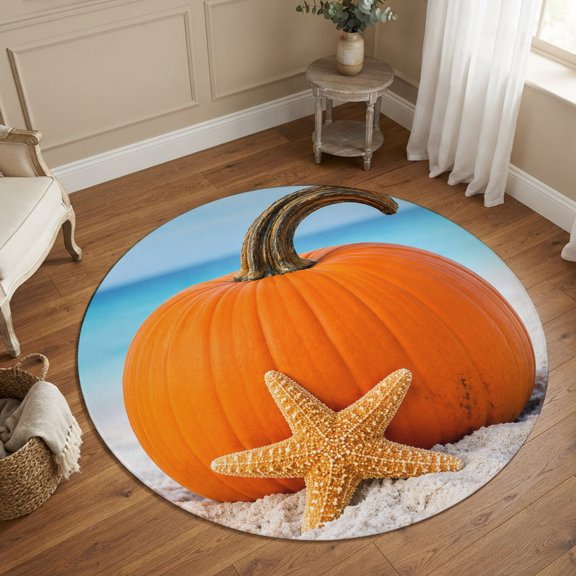 Round Area Rugs 4Ft, Pumpkin Coastal Non-Slip Washable Circle Rugs Carpet, Thanksgiving Fall Beach Starfish Indoor Outdoor Rug Floor Mats Throw Runner for Bedroom Living Room Bathroom