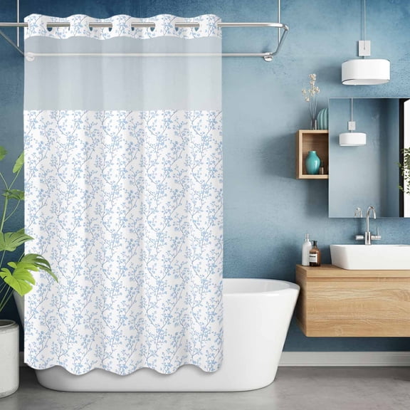 No Hook Shower Curtain with Snap in Liner, Light Blue Branch Flowers Texture Waterproof Bath Curtain Double Layers with See Through Top Window, Summer Botanical Hotel Shower Curtains 36x72in