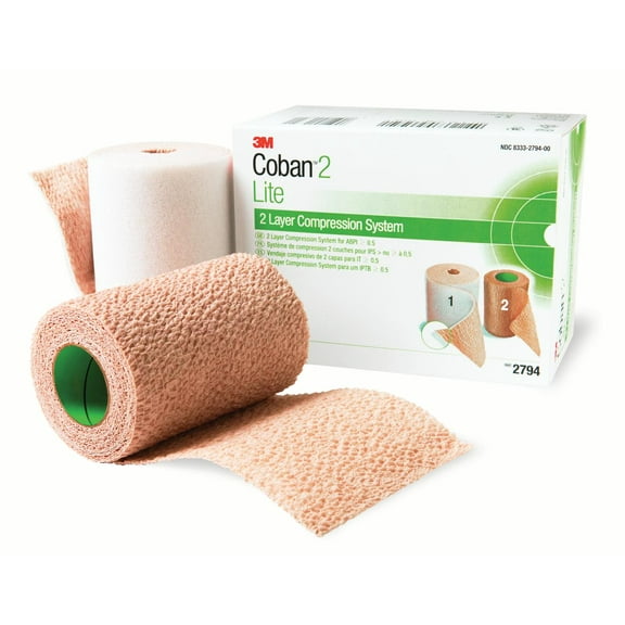 Coban 2 Layer Compression Bandage System 4 Inch X 2-9/10 Yard / 4 Inch X 5-1/10 Yard 25 to 30 mmHg Self-adherent / Pull On Closure Tan / White NonSterile, 2794N - Case of 8