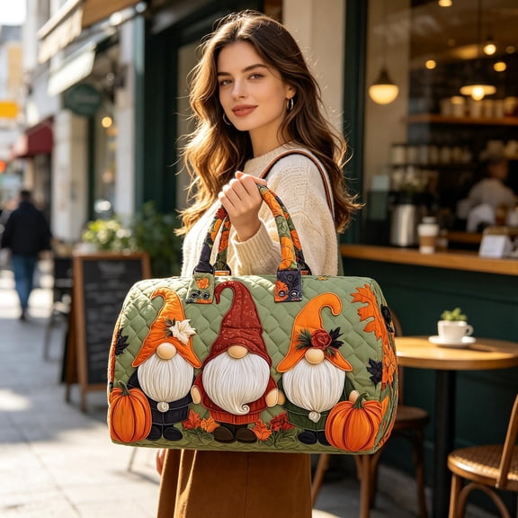 Cute Quilted Dwarf Pumpkin Embroidered Travel Duffel Bag Lightweight Stylish Carry On Tote Spacious Gym Weekender Handbag for Women Multifunctional Organizer for Daily Travel and Fitness Use 16 Inch