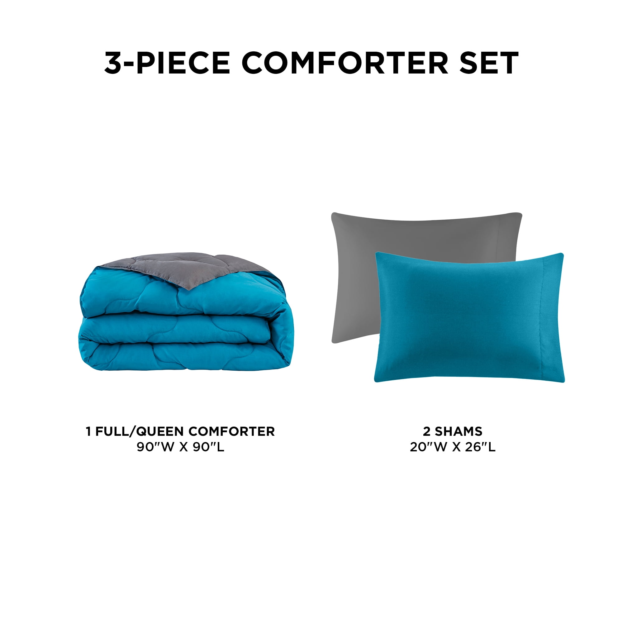 Comfort Spaces Full/Queen Size Comforter Sets, 3-Piece Reversible Bedding Set, Comforter Bed Set, Teal/Dark Gray