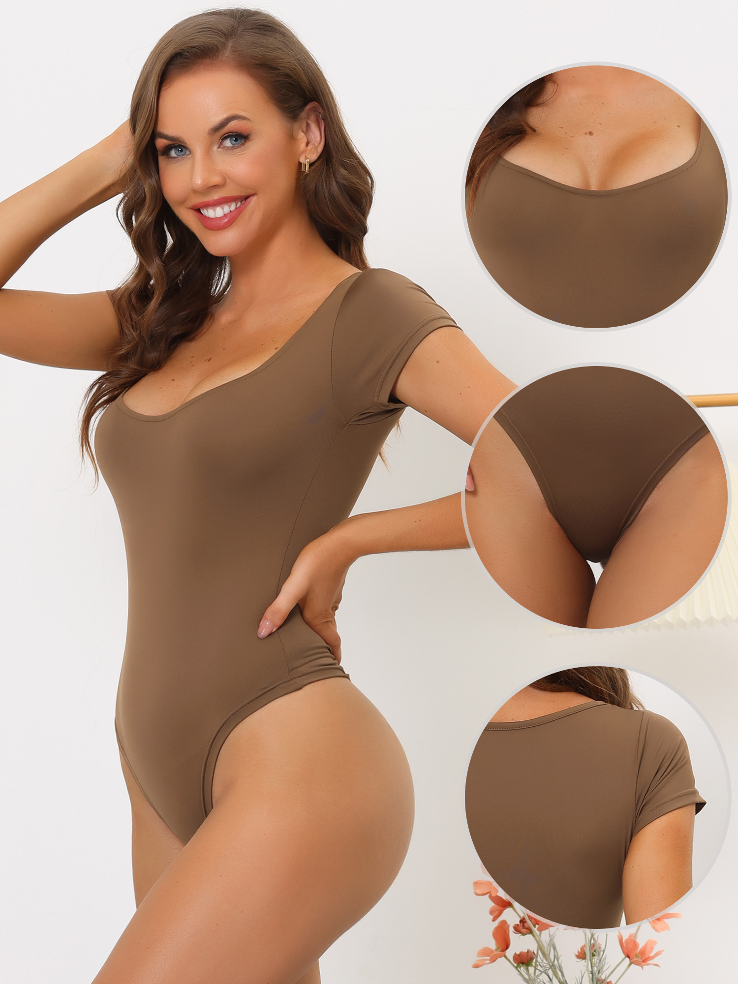 DARING DIVA Bodysuit Thong Short Sleeve T-shirt Leotard Jumpsuit M Brown