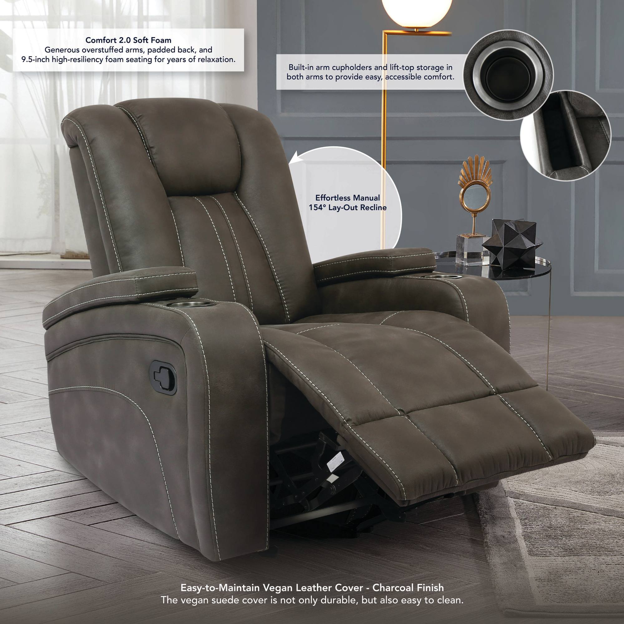 Steve Silver Marlow Charcoal Faux Suede Manual Recliner