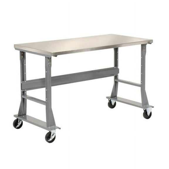 Global Industrial SS7230QFA Mobile Fixed Height C-Channel Flared Leg Workbench - Stainless Steel - 72 x 30 in. - Gray