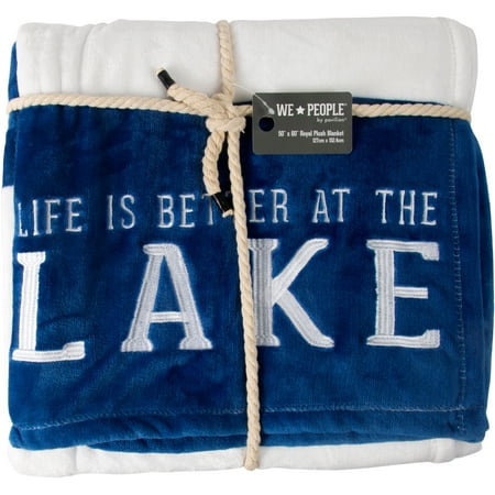 - Pavilion - Life Is Better At The Lake - Blue & White Striped Super Soft 50 x 60 Inch Striped Throw Blanket With Embroidered Text