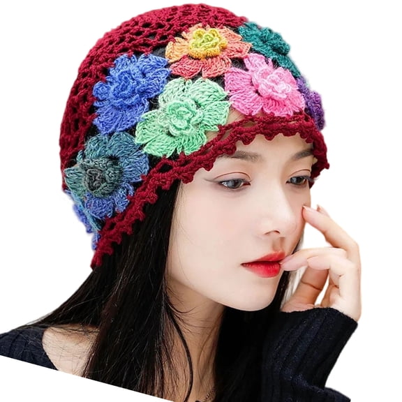 Hollowed Floral Cotton Crochet Skull Caps, Stretchy Summers Beach Headwear for Women Casual & Vacation Outfits