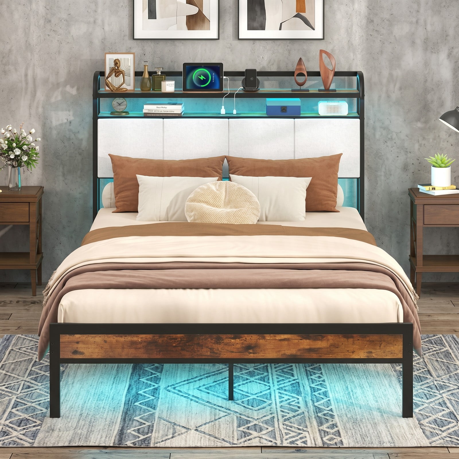 Furnibear Queen Bed Frame, Metal Platform Bed with Storage Headboard, LED Lights and Charging Station, No Box Spring Needed, Rustic Brown and Gray