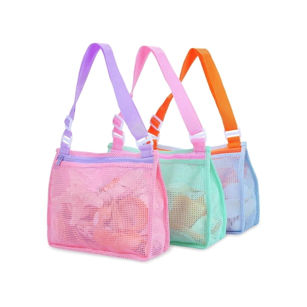 Beach Toy Mesh Beach Bag Kids Shell Collecting Bag Beach Sand Toy Seashell Bag Swimming Accessories For Boys And Girls(Only Bags,A Set Of 3)