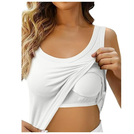 XADYUY Tank Top with Built In Bra for Teen Girls Double Lined U Neck Tank Tops Sleeveless Slim Fit Spring Compression Tanks Basic Padded Yoga Top White L