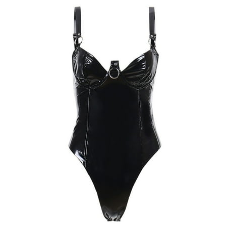 

Women s One Piece Bodysuit Sexy Deep V Neck Sleeveless Jumpsuit Skinny Backless for Tank Tops PU Leather Catsuit Shapewe