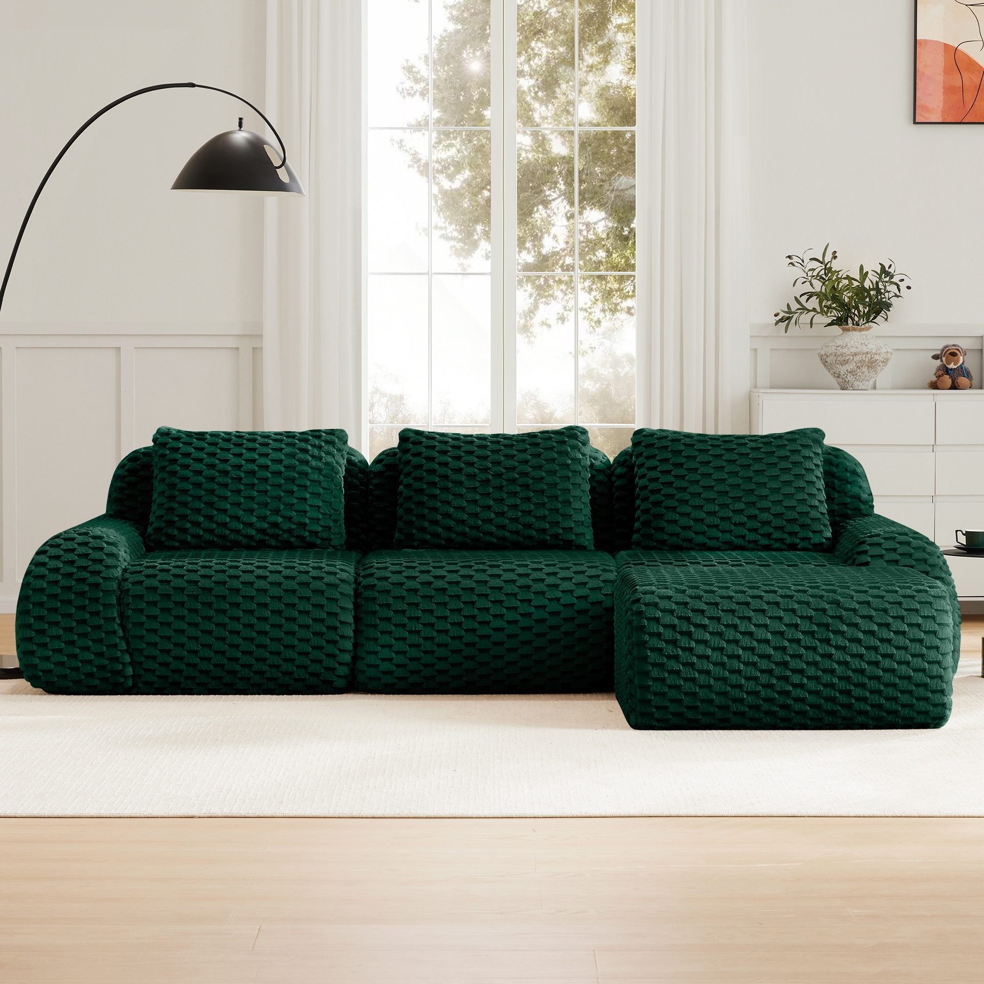 Aukfa 114" L-Shaped Modular Sectional Sofa, 29" Deep Seat Oversized Cloud Couch with Ottoman, Flannelette Upholstered 3-Seater Sofa for Living Room, Green