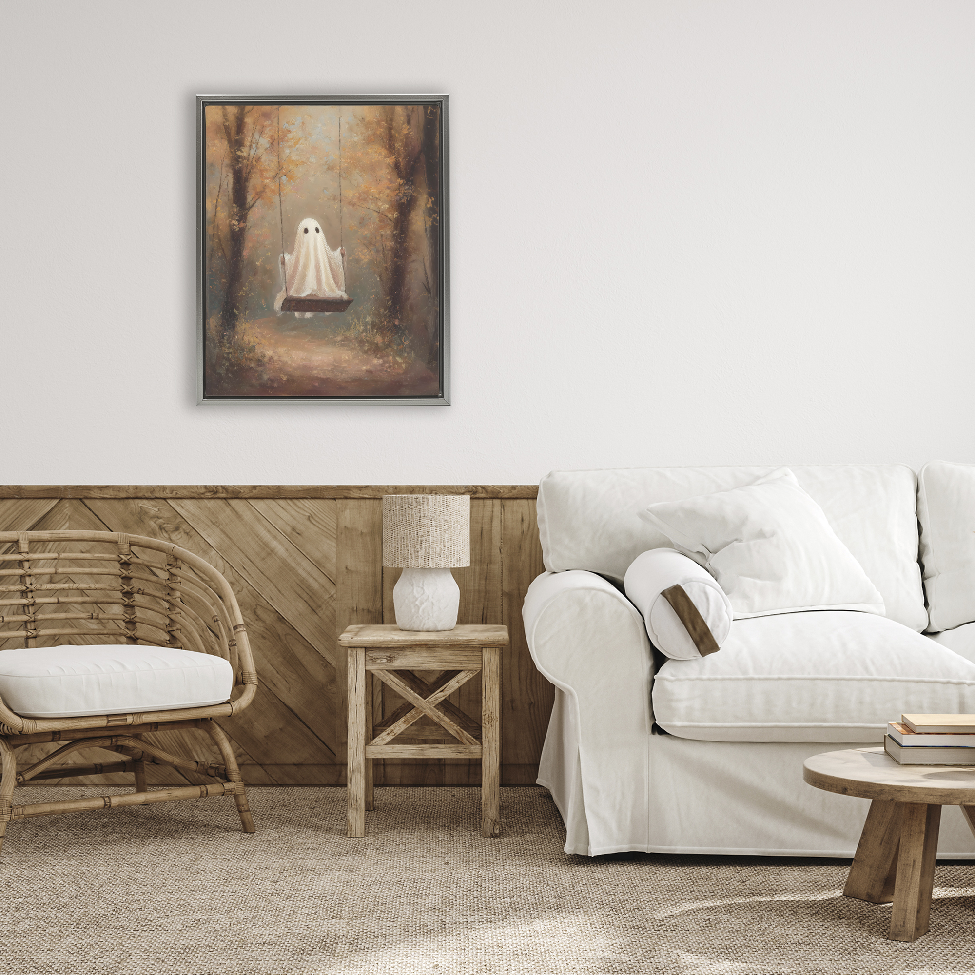 Eerie Swinging Ghost Gray Framed Floater Canvas Wall Art, design by Arlington Prints