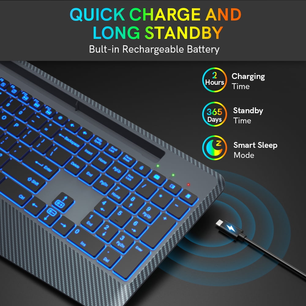 Wireless Keyboard with 7 Colored Backlits, Wrist Rest-Gray-Wagpak