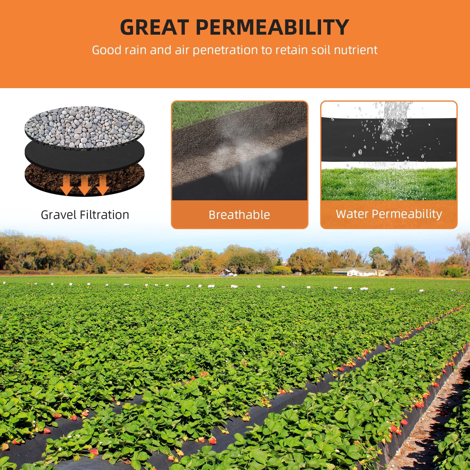TEQIN Garden Weed Barrier Landscape Fabric, 4x 50FT & 6oz Geotextile Fabric, PP Drainage 350N Tensile Strength & 440N Load Capacity for Driveway & Road Stabilizationr, Erosion Control
