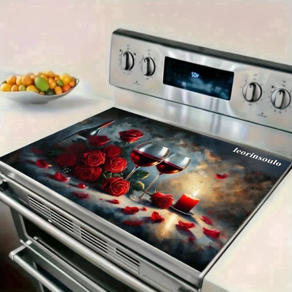 leorinsoulo Heat-Resistant Stove Cover Mat–Wine&Rose Print for Electric Cooktops (28.3×20.5in)
