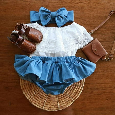 Fashion Toddler Kid Baby Girls Lace Ruffel Tops+Denim TuTu Dress Outfits Clothes