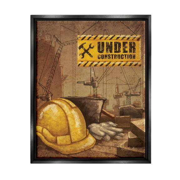 Stupell Industries Under Construction Hardhat Travel & Places Painting Black Floater Framed Canvas Art Print Wall Art, 25 x 31