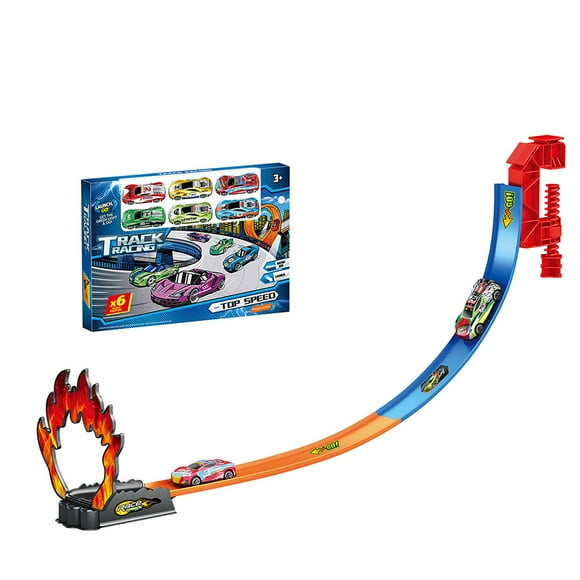 Juguete Pista de Carros con Rampa de Lanzamiento, Aro de Fuego y 6 Autos Incluidos