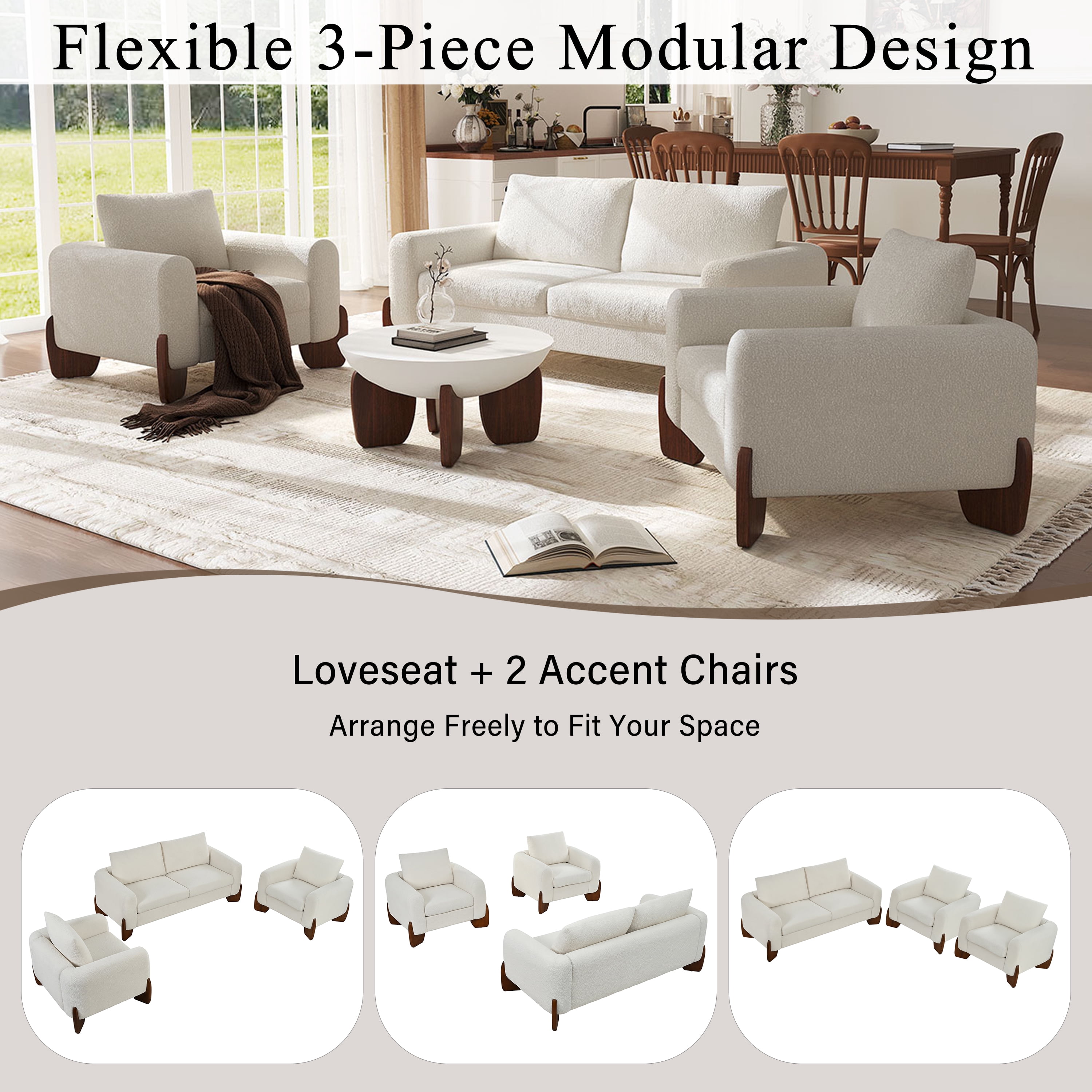 Mintazer Modern 3-Piece Sofa Set, 74.2" Loveseat + 2 Accent Chairs, Modular Upholstered Sofa for Living Room & Family Room, Beige (Table Not Included)