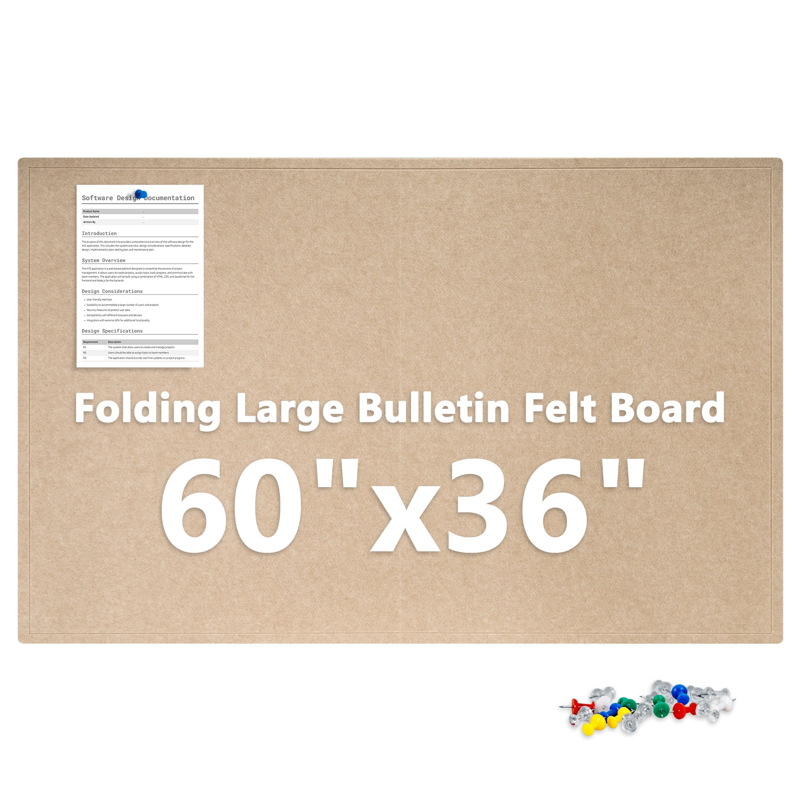60"x36" Beige Large Bulletin Board Decorative Foldable Felt Pin Board Square Felt Wall Tiles Photo Display Board for Wall Cork Boards DIY Vision Board with Self-Adhesive Tape Home School Office Decor