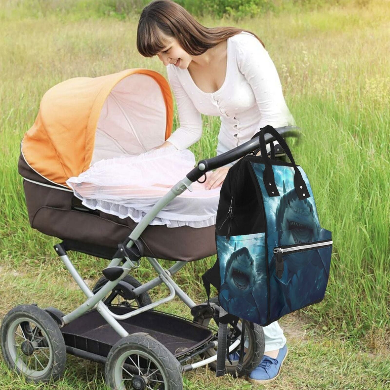 Ratiio Undersea Shark Mummy Backpack - Waterproof Twill Canvas, Large Capacity Diaper Bag with Multiple Pockets and Adjustable Straps