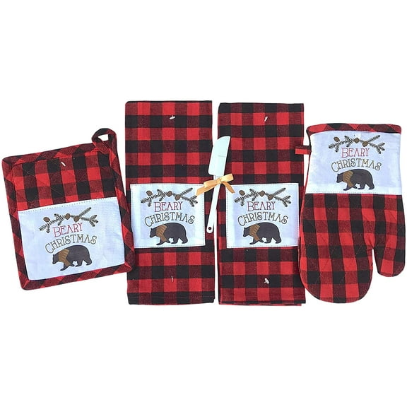 Serafina Home Winter Bear Christmas Kitchen Towel and Pot Holder Set: Traditional Red Black Check with Beary Christmas Patch