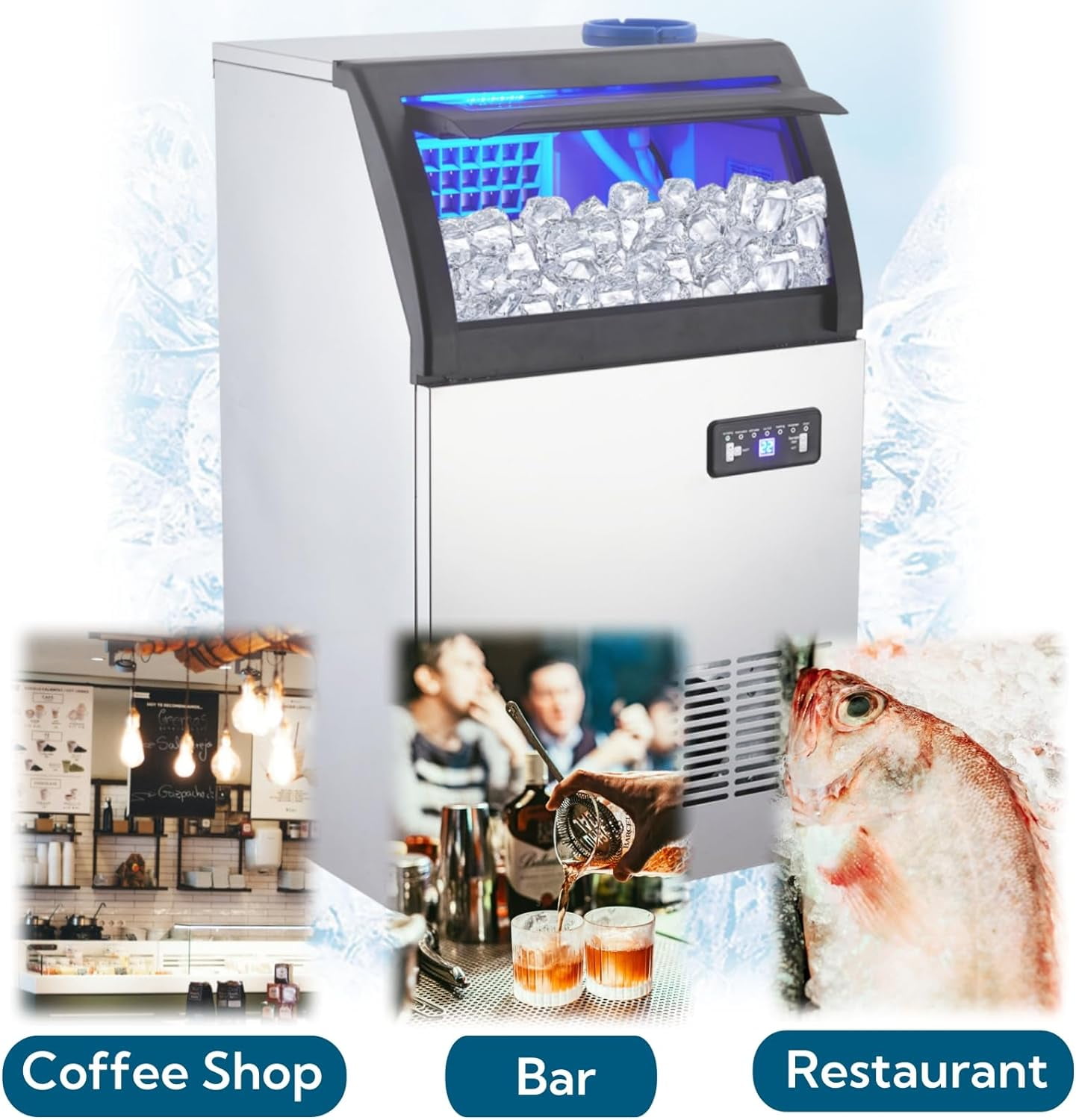 Commercial Ice Maker--100 Lbs/24H, Stainless Steel Freestanding Under Counter Ice Machine with 33 Lbs Ice Storage, 2 Water Inlet Modes, for Bar Home Office Restaurant RV